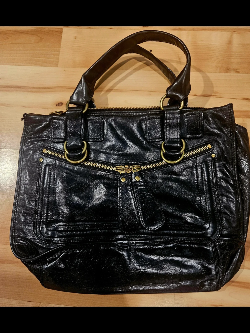 Classic Black Leather Satchel with Gold Hardware